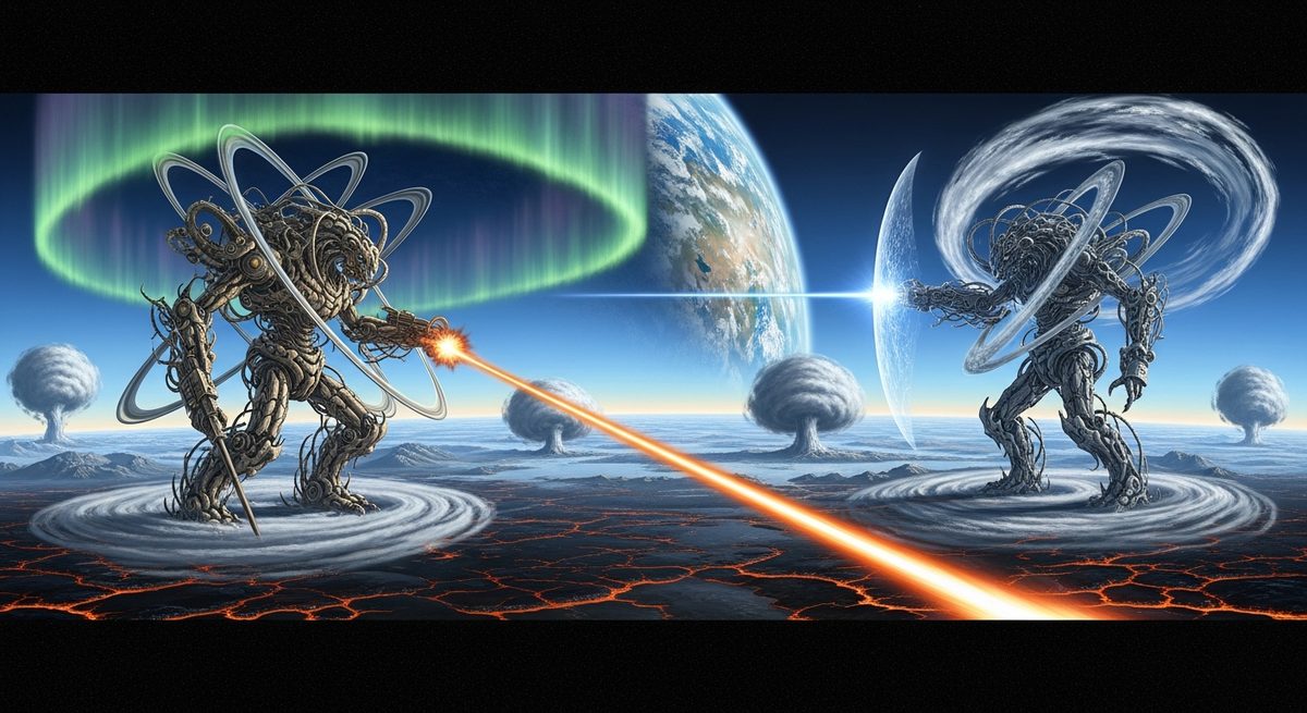 Two colossal Precursor Constructs in a full-body energy duel under an aurora, a planet on the horizon