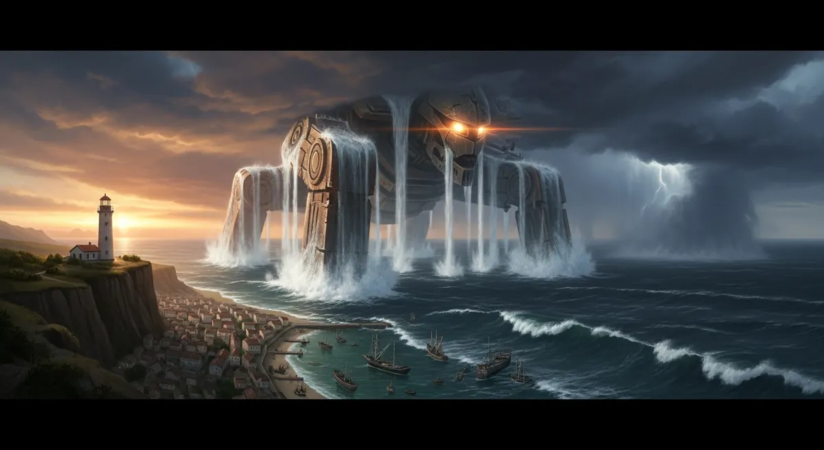 A colossal Precursor structure emerging from the ocean beside a lighthouse at dusk