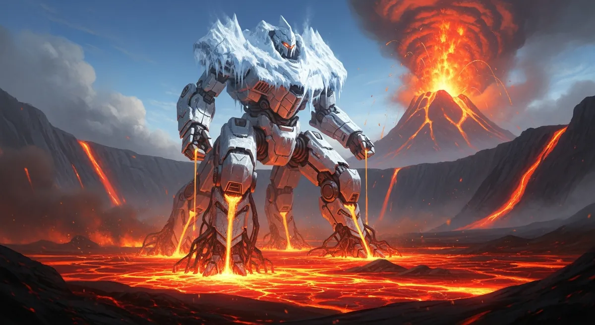A Precursor Construct standing in a lava field beneath an erupting volcano